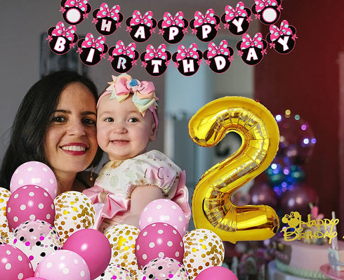 Amandir Cartoon Mouse 2nd Birthday Party Supplies, Oh Twodles Happy Birthday Banner Number 2 Pink Balloons Cartoon Mouse Cake Topper for 2nd Minie Mouse Birthday Party Favors Decorations for Girls