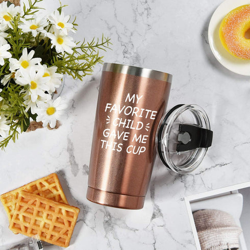 My Favorite Child Gave Me This Cup Travel Tumbler with Lid, Mom Gifts for Mom Dad Women, Birthday Mother's Day Gifts from Daughter Son Kids, 20 Oz Insulated Stainless Steel Wine Tumbler, Rose Gold