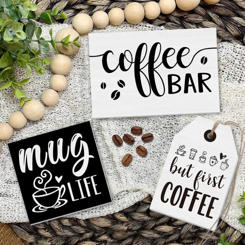 Coffee Bar Tiered Tray Decor Signs Set of 3, 3D Raised Wood Block with Buffalo Plaid Farmhouse Home Kitchen Coffee Decorations for Tray, Coffee Bar, Coffee Station, Shelf, Mantel (Tray Not Included)