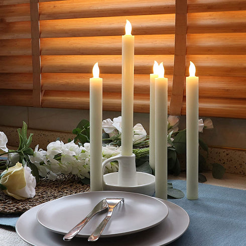 Rhytsing 10" Ivory Flameless Taper Candles with Timer, Battery Operated Dinner Candles, Push-Activated, Textured Wax Finish, Warm White Light, Remote & Batteries Included - Set of 5