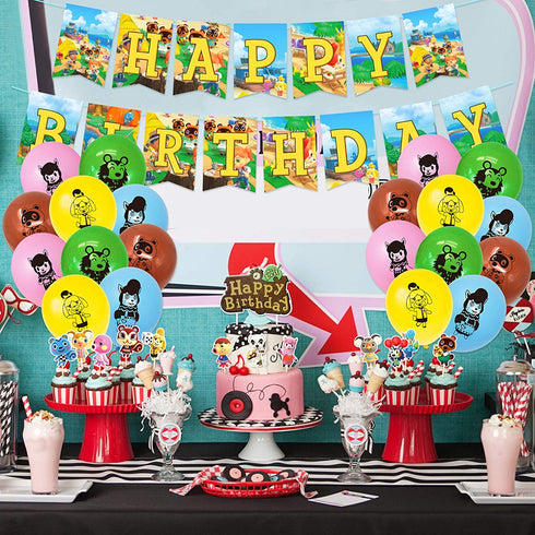 Animal Cross_ing Birthday Party Supplies 46PCS Cartoon Gifts for Kids Video Game Theme Party Decorations Includes 20 Packs Balloon, 1 Pack Banner, 24 Packs Muffin Cake Toppers