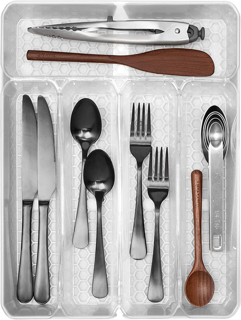Spectrum Hexa 5-Divider Expandable Silverware Tray, Buildup-Resistant Kitchen Drawer Organizer & Utensil Holder With Locking Expandable Wings, Easy-to-Clean Modern Kitchen Storage & Cutlery Tray Clear