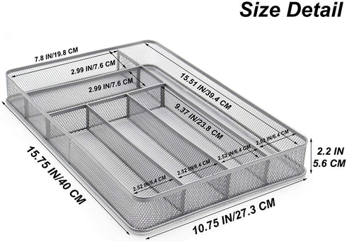 TQVAI Mesh Cutlery Tray 6 Compartments Kitchen Drawer Silverware Holder Utensils Flatware Organizer, Silver