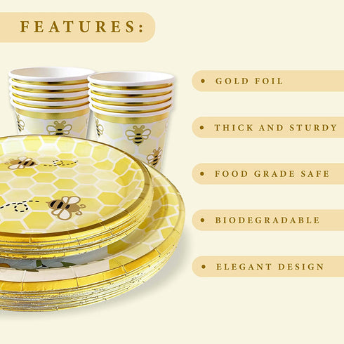 Bumble Bee Tableware Party Decorations | Paper Plates, Napkins, Beverage Cups | Baby Shower Gender Reveal Neutral Supplies, Birthdays and Weddings, Honeycomb, Yellow Floral, Gold Foil, Serves 16