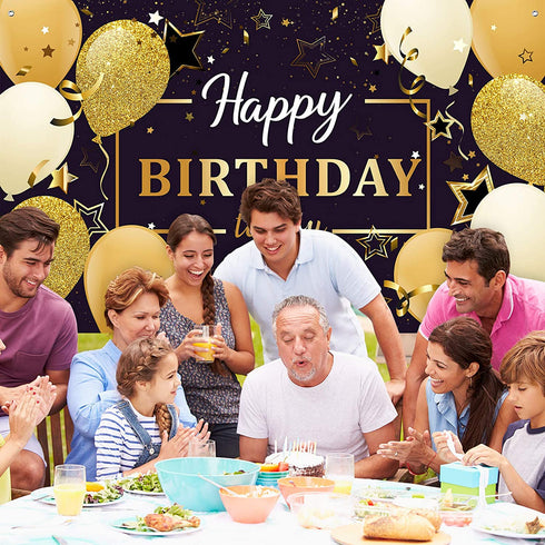 Happy Birthday Party Decorations, Extra Large Fabric Black and Gold Happy Birthday to You Sign Backdrop Banner Photo Booth Background for Indoor Outdoor Birthday Party Favor, 70.8 x 43.3 Inch