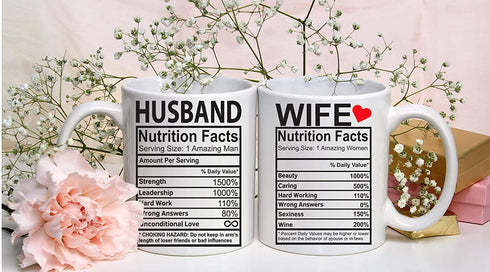 Husband And Wife Nutrition Facts - 11oz Ceramic Coffee Mug Couples Sets - Funny Husband And Wife Anniversary Cups - Couple Gifts For Him And Her - Wedding Engagement Presents - By CBT Mugs