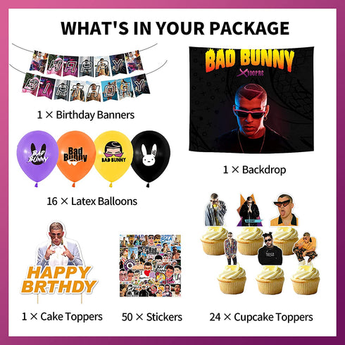107 Pcs Bad Bunny Party Decorations, Bad Bunny Birthday Decorations, Party Supplies includes Happy Birthday Banner, Balloons, Cake Topper, Cupcake Toppers, Backdrop, Stickers