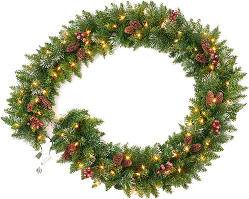 Amaoasis 9 Feet Pre-Lit Christmas Garland, Mixed Pine Decorated with Frosted Berries, Pinecones, 70 Lights Plug in, for Mantle Staircase Indoor and Outdoor