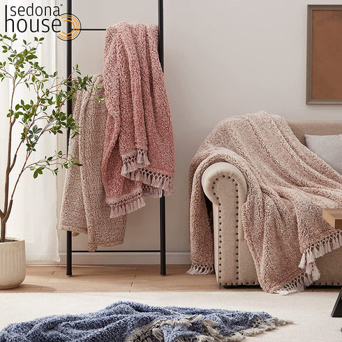 Sedona House Textured Throw Blanket Sharved Back Printing Sherpa Throw Blankets with Tassels (Light Tan)