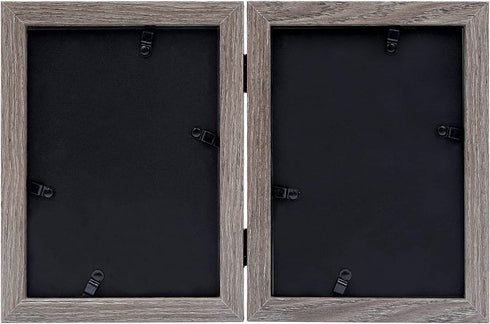 Golden State Art, 5x7 Double Frame Wood Grain Hinged Picture Frame Two Photo Frames, for Wedding Family Picture Collage (Grey, 5x7)