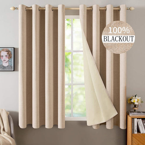 MIULEE Linen Textured Curtains for Bedroom Solid 100% Blackout Thermal Insulated Natural Beige Grommet Room Darkening Curtains & Drapes Luxury Decor for Living Room Nursery 52 x 54 Inch (2 Panels)