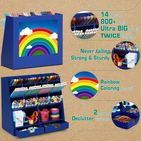 Darfoo Desk Organizer Made of Cardboard , Desktop Pen Organizer with 14 Compartments & 2 Drawers, Ultra-large 800+ Pencils Capacity, FSC Certified, DIY Project, Blue