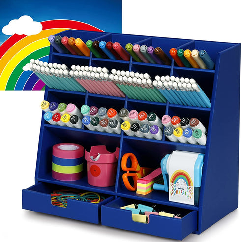Darfoo Desk Organizer Made of Cardboard , Desktop Pen Organizer with 14 Compartments & 2 Drawers, Ultra-large 800+ Pencils Capacity, FSC Certified, DIY Project, Blue