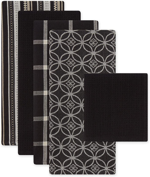 DII Assorted Woven Kitchen Set, Dishtowel, 18x28; Dishcloth, 13x13, Black, 5 Piece