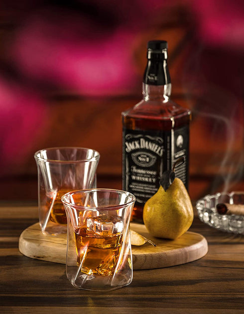 JoyJolt Lacey Whiskey Double Wall Glasses, Set of 2 Insulated Whiskey Glass, 10-Ounces.