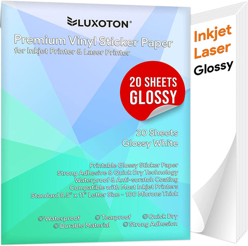 Premium Printable Vinyl Sticker Paper - 20 Sheets Glossy White Waterproof Decal Paper for Inkjet Printer Vivid Colors Self-Adhesive Labels Crafts DIY Project Standard Full Letter Size 8.5"x11"