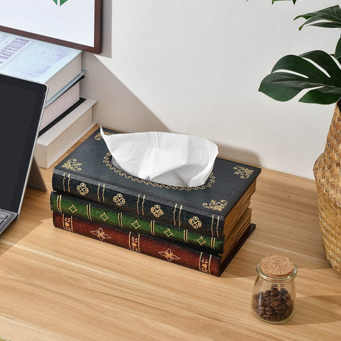 Crafted Classical Retro Wooden Antique Book Tissue Box Cover Rectangular Tissue Holder Dispenser Paper Cover Case Napkin Holder Home Decor for Bathroom Living Room Office car Kitchen (Dark Green)