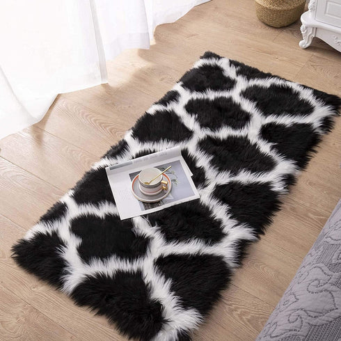 Carvapet Moroccan Shaggy Soft Faux Sheepskin Fur Area Rugs Floor Mat Luxury Beside Carpet for Bedroom Living Room 2ft x 4ft, White Strips on Black