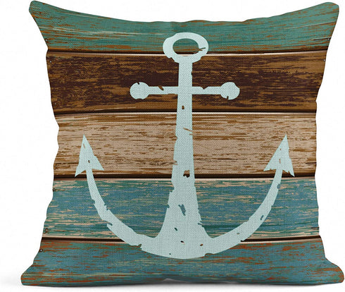 Emvency Set of 4 Throw Pillow Covers Summer Blue Ocean Theme Wood Grain Nautical Coastal Starfish Beach Navy Anchor Decorative Pillow Cases Home Decor Square 18x18 Inches Pillowcases