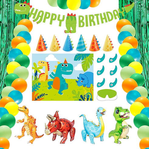 Decorlife Dinosaur Birthday Decorations, 92 Pack Dinosaur Birthday Party Supplies for Boys, Pin the Tail on the Dinosaur, Dino Foil Balloons, Fringe Curtains, Banner, Party Hats Included