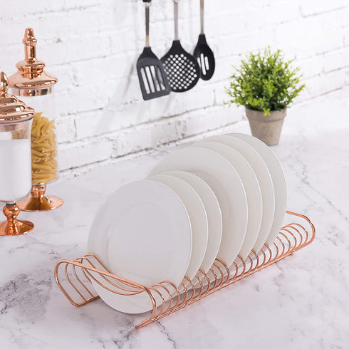 MyGift Rose Gold-Tone Metal Kitchen Dish Plate Storage Organizer and Drying Rack, Holds up to 21 Dinner, Salad, and Dessert Round Plates