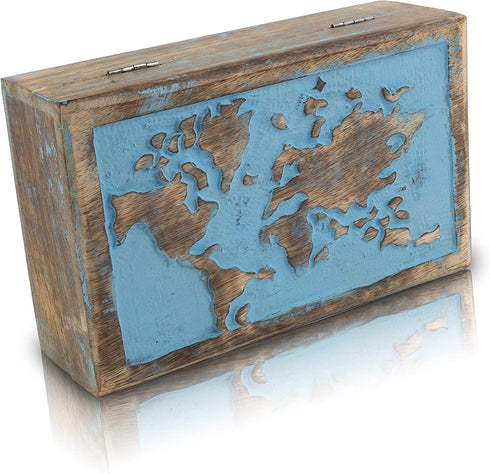 Great Birthday Gift Ideas Handmade Decorative World Map Wooden Jewelry Box Treasure Box Jewelry Organizer Keepsake Box Treasure Chest Trinket Holder Lock Box Watch Box (Blue Wash Finish)