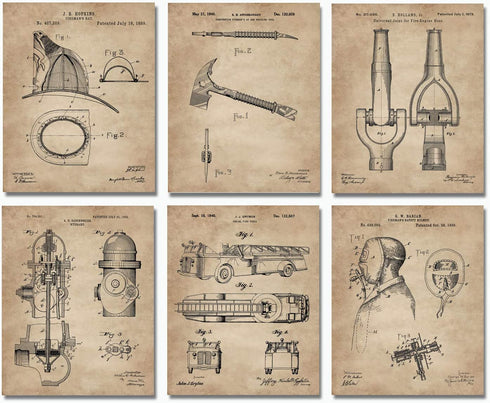 Firefighter Patent Print Set of 6 (8"x10") - Wall Art Decor - Gift Idea for Firemen First Responders