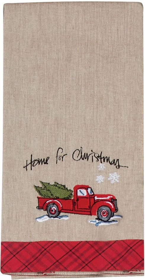 Home for Christmas Embroidered Tea Towel Farm Truck with Tree Snowflakes, Set of 2