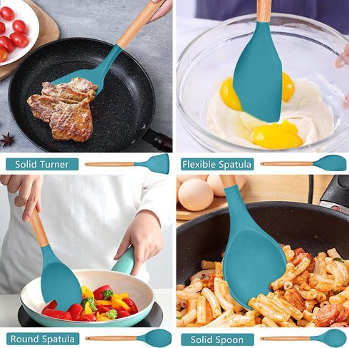 Homikit 35-Piece Kitchen Cooking Utensils Set with Holder, Non-Stick Silicone Cookware Utensils Spatula Set, Heat Resistant Kitchen Tools with Spoon Whisk Turner Tong, Wooden Handle, Navy Blue