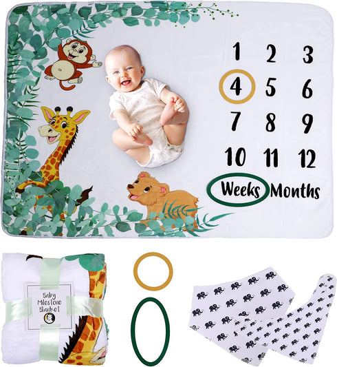 90210 Baby Milestone Blanket 50x40-inch Milestone Blanket with Bib & Frames Soft Fleece Baby Milestone Photo Blanket Gender Neutral Baby Grow Chart Blanket for Nursery Décor Baby Shower (Jungle)