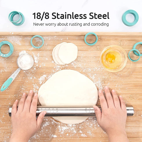 U-Taste 18/8 Stainless Steel 16 inch Adjustable Rolling Pin with Silicone Removable Thickness Rings, Nonstick Kitchen Roller Pin for Baking Cookies Pastry Pizza Pasta Dough Fondant (Teal/Aqua Sky)