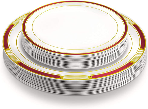 Laura Stein Designer Dinnerware Set | 32 Disposable Plastic Party Plates | Plates with Burgandy Rim & Gold Accents | Includes 16 x 10.75" Dinner Plates + 16 x 7.5? Salad Plates | Venetian