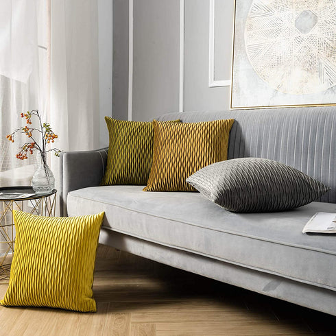 JUSPURBET Decorative Velvet Pillow Covers with Wave Striped,Pack of 2 Luxury Soft Cushion Cases for Couch Sofa Living Room,22x22 Inches,Gold