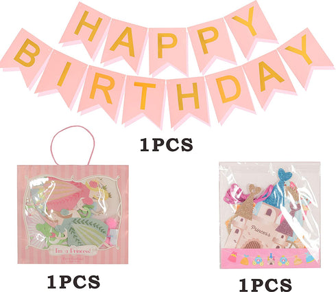 Princess Birthday Decoration | Princess Birthday Banner | Pink Happy Birthday Banner | Pink and Gold Birthday Party Decorations | Princess & Flower shape birthday party banner | Princess Home & Cab s