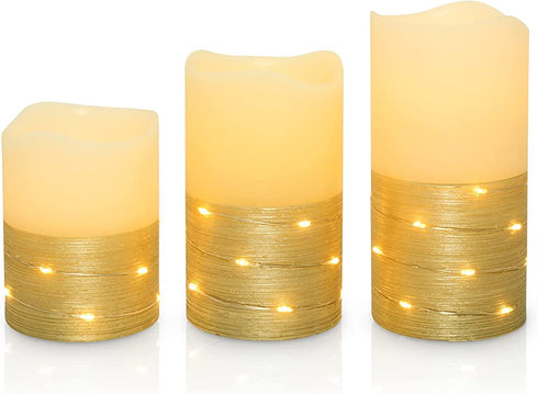 Flickering LED Candle Set with Daily Timer,BeMoment Flameless Candles,Embedded String Lights Stay Lit,Golden Stripes Decorative,Real Wax,Battery Powered,Set of 3(H 4"5"6" x D3")