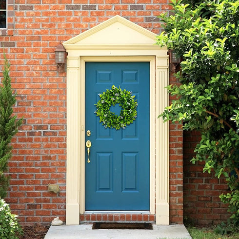 2 Pack 12" Artificial Boxwood Wreath for Front Door Faux Green Leaves Greenery Spring Wreath for Home Wall Window Wedding Party Hanging Decor (White Seeds)