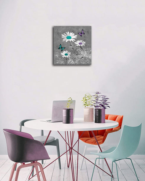 Colla Canvas Print Wall Art Teal Purple Daisy Flower Butterflies Decorative Paintings Modern Home Wall Decor for Bedroom Living Room Bathroom Framed Ready to Hang 12x12 Inches