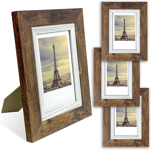 4x6 Picture Frame Set of 4, Wood Rustic Brown Photo Frames, Wooden Picture Frames Display with High-Definition Tempered Glass for Desktop Display and Wall Decoration.