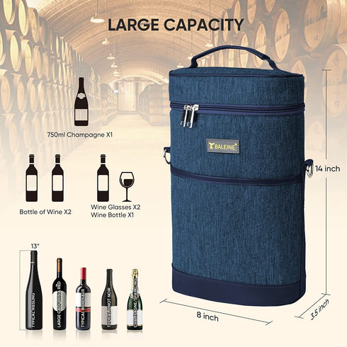 BALEINE 2 Bottle Wine Carrier - Insulated & Leakproof Wine Cooler Bag with Shoulder Strap for Picnic, Travel, BYOB Restaurant, Wine Gifts for Women (Blue, 2 Bottle)