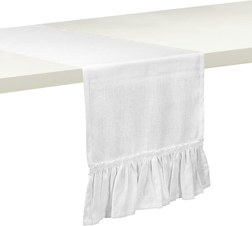 D'Moksha Homes White Table Runner - 14 x 72 Inch, 100% Pure Linen Ruffle Table Runners 72 inches Long, Machine Washable, Easter Table Runner, Perfect for Spring Summer Mother's Day