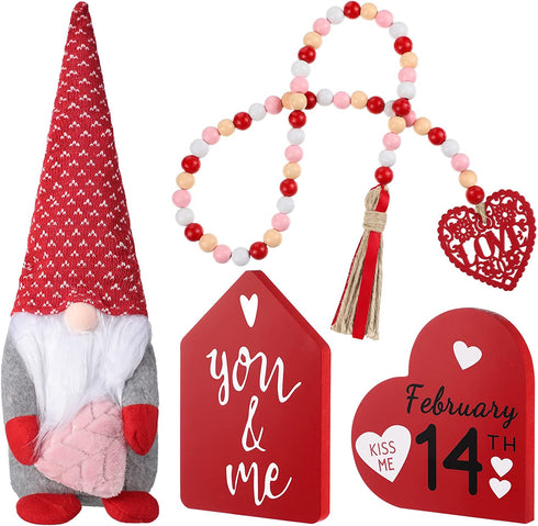 4 Pieces Valentines Day Decor Valentines Tiered Tray Decor Valentines Table Top Decor Valentines Wood Signs Valentines Gnome Wedding Signs for Happy Valentines Day Holiday Decor