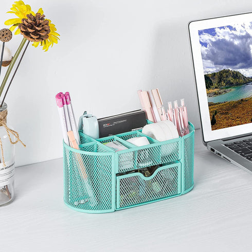 Aqua Pen Holder Organizer, Cute Office Supplies Pen and Marker Organization Essentials Desk Caddy with Drawer for Home & Office Desktop & Decor& Kitchen