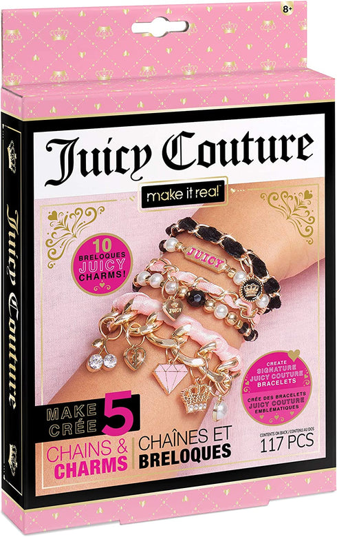Make It Real - Juicy Couture Mini Chains and Charms - DIY Charm Bracelet Making Kit - Friendship Bracelet Kit with Charms, Beads & Cords - Arts & Crafts Bead Kit for Girls - Make 5 Bracelets
