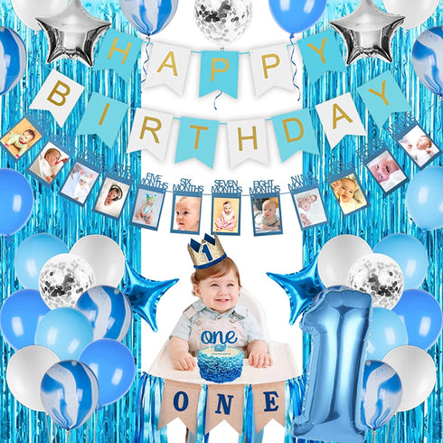 JOYYPOP 1st Birthday Boy Decorations 66PCS Blue 1st Birthday Decorations for Boy with 12 Months Photo Banner, 1st Birthday Baby Crown, ONE Cake Topper, 1st Birthday Highchair Banner