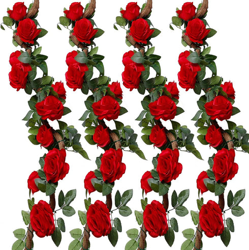 FENGRUIL Flower Garland Artificial Rose Vines,4 Pcs Fake Flowers Hanging Large Rose Vine Ivy Silk Hanging Flower for Home Garden Outdoor Ceremony Wedding Arch Floral Decor (Red)