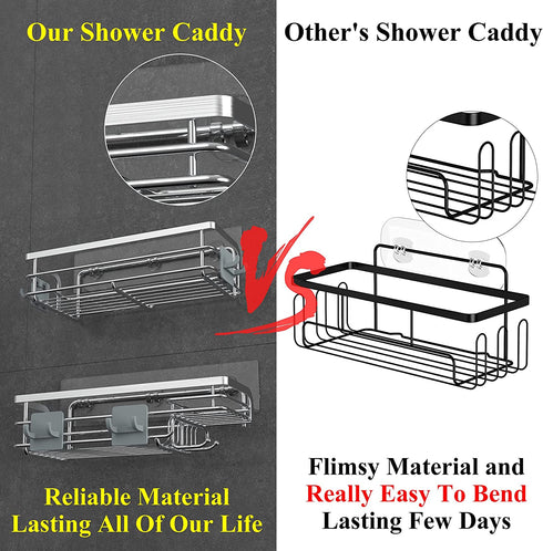 Nieifi Shower Caddy with Hooks, Shower Shelf Organizer Basket Rack Storage Rustproof Adhesive Bathroom Shelves, Drill Free 2 Pack