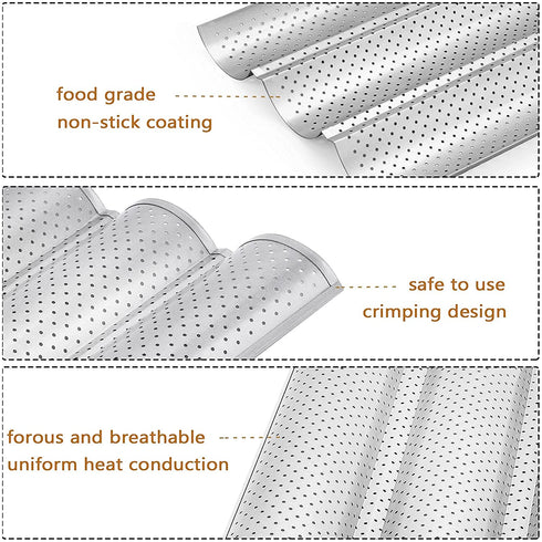 GGC Baguette Pan, Nonstick Perforated French Bread Pan for Baking, Silver Food Grade Coating, Baguette French Baking Pan Has Fast Heat Conduction to Cook 3-Wave Crispy Breads Loaves (15" x 9.5")