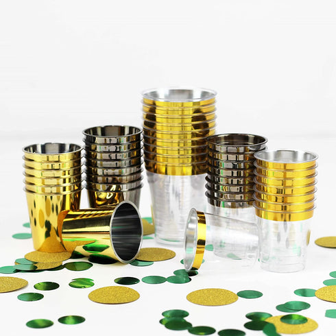 Just Artifacts 1oz Plastic Shot Glasses (120pcs, Metallic Gold Rim)