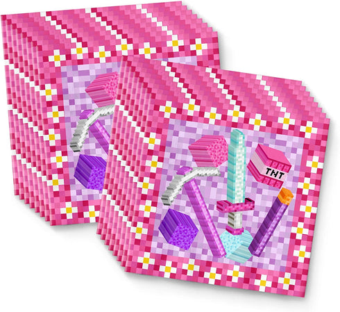 Girl Pixel Mining Birthday Party Supplies Set Plates Napkins Cups Tableware Kit for 16