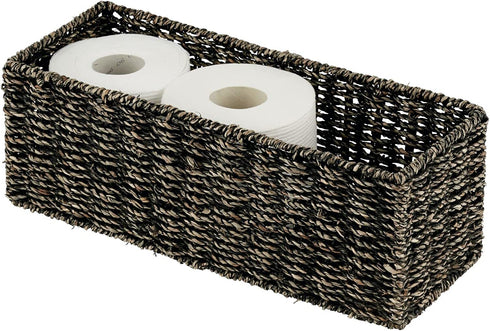 mDesign Natural Woven Seagrass Bathroom Toliet Roll Holder Storage Organizer Basket Bin; Use on Bathroom Countertop, Toilet Tank Top - Holds 3 Rolls of Toilet Paper - Black Wash